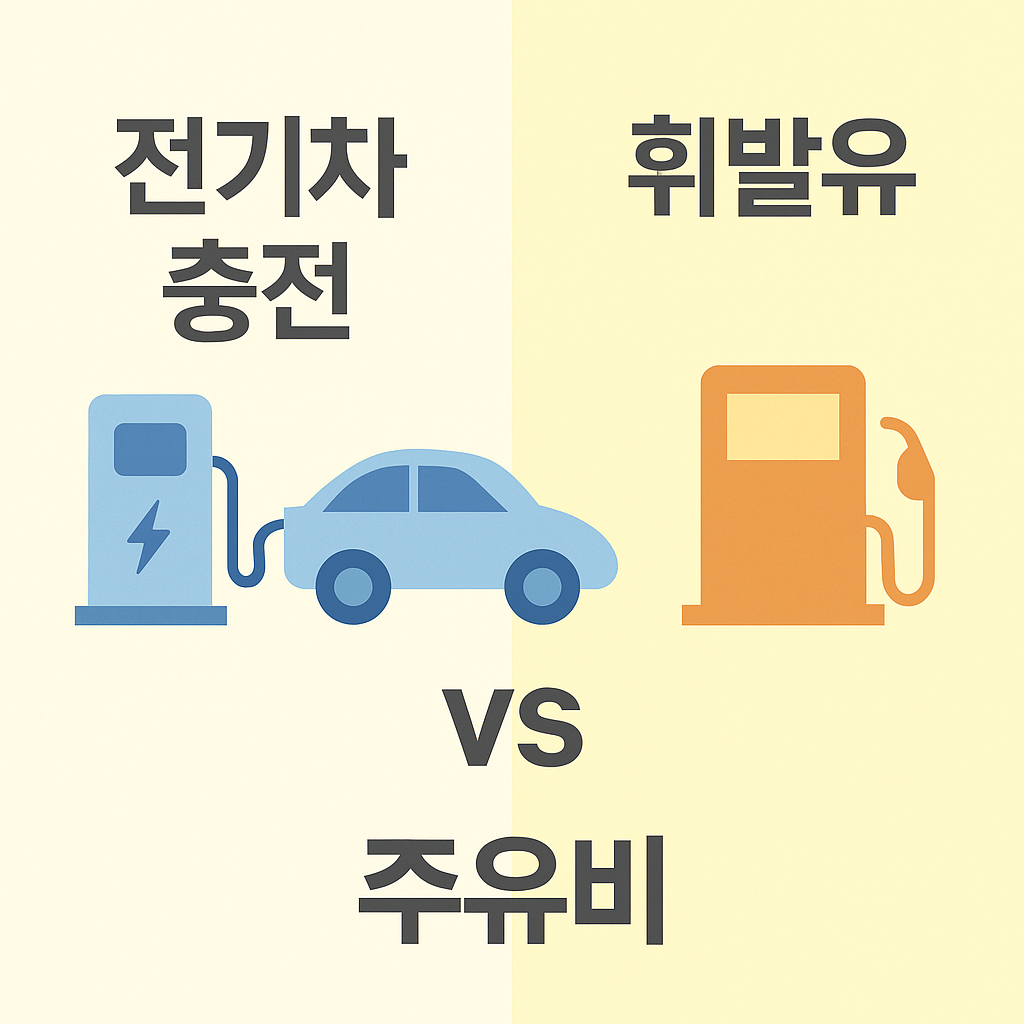 alt=&quot;전기차 충전소와 주유소 아이콘이 나란히 배치된 비교형 인포그래픽 이미지, '전기차 충전 vs 주유비' 텍스트 포함&quot;