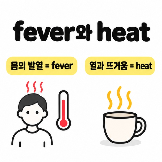 몸의 열과 사물의 뜨거움을 좌우로 구분해 서로 다른 영어 표현이 필요함을 보여주는 도식