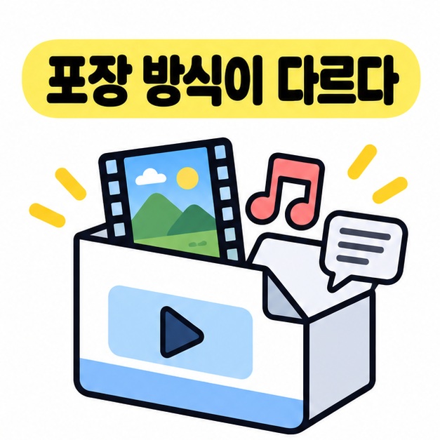 포장 방식이 다르다는 문구 아래 열린 상자에 영상 화면과 음표 및 자막 말풍선이 함께 담긴 그림