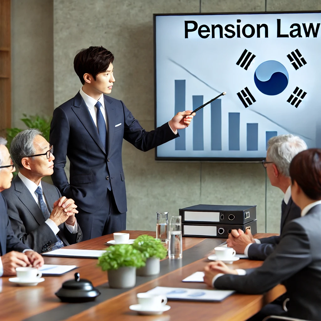 회의실에서 연금법에 대해 설명하고 있는 한국의 법률 전문가
