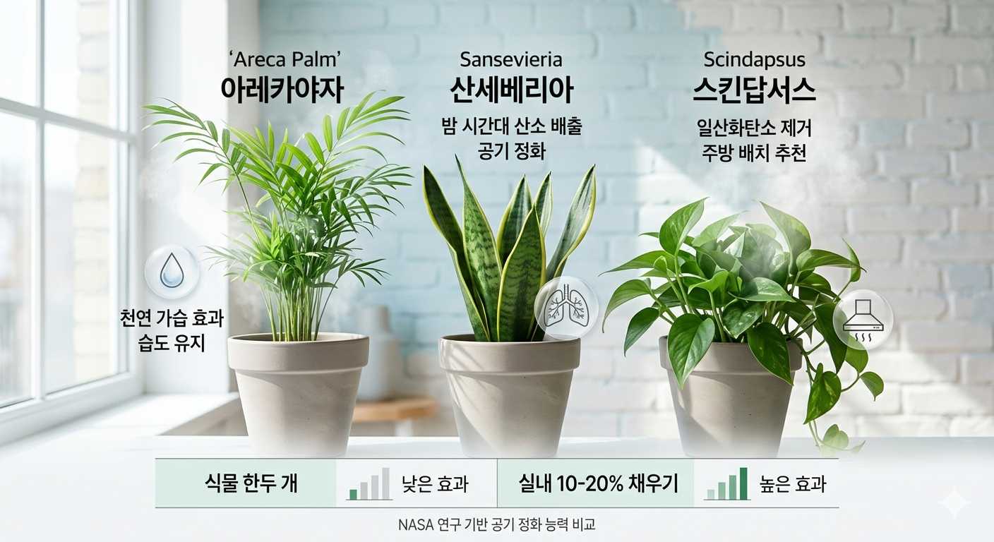실내 습도 조절에 도움을 주는 공기 정화 식물 3종 아레카야자, 산세베리아, 스킨답서스 사진