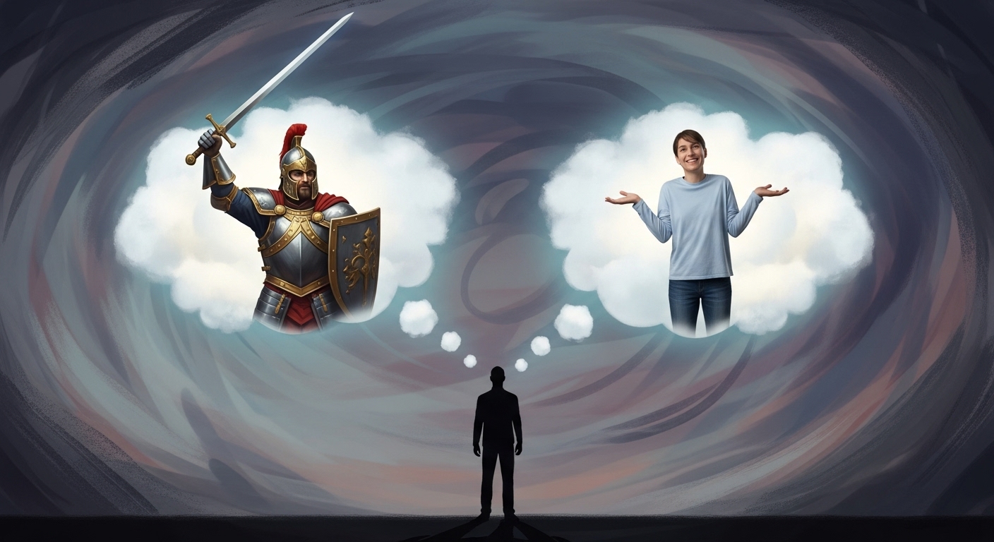 한 사람의 실루엣에서 두 개의 생각 구름이 피어오른다. 하나의 생각 구름 속에는 갑옷을 입고 칼을 든 용맹한 장수의 이미지가, 다른 생각 구름 속에는 어깨를 으쓱하며 괜찮다는 손짓을 하는 평범한 사람의 이미지가 들어 있다. 초현실적이고 몽환적인 분위기의 디지털 페인팅.