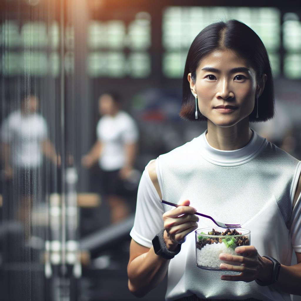 헬스장에서 운동 후 중요한 단백질을 섭취 하려 하는 여성의 모습