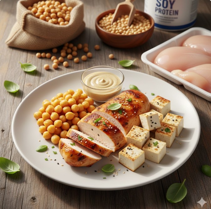 아미노산 균형을 맞춘 닭고기, 병아리콩, 대두 단백질 황금 조합