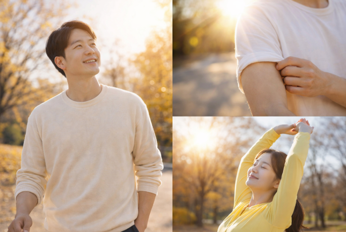햇빛을 쬐며 걷는 남성과 스트레칭하는 여성, 가을 햇살 속 건강한 모습