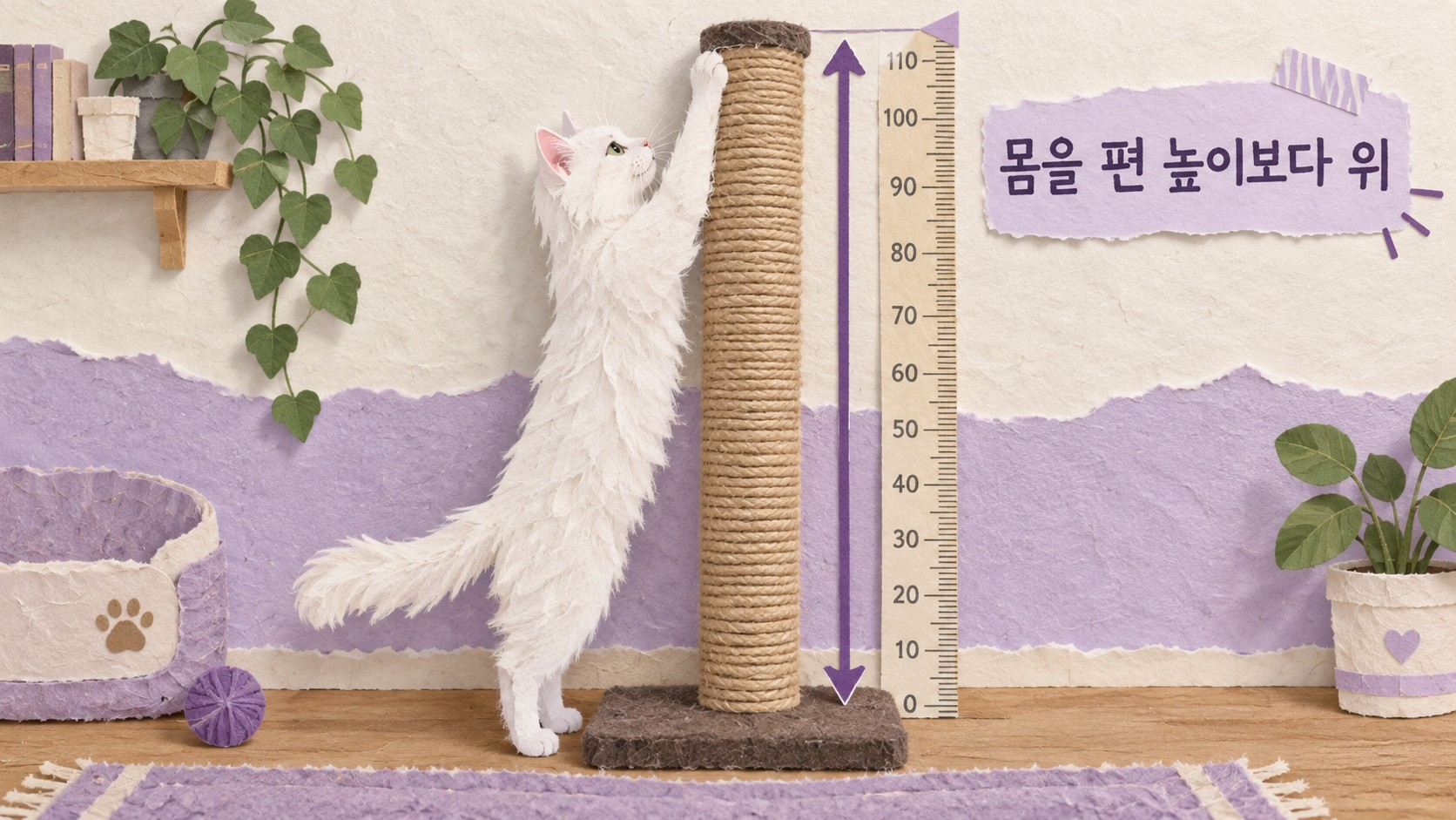 몸을 쭉 편 고양이와 수직 스크래처 높이