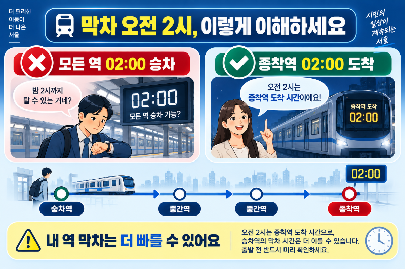 서울 버스 파업 지하철 막차 오전 2시 종착역 도착 기준을 설명한 인포그래픽