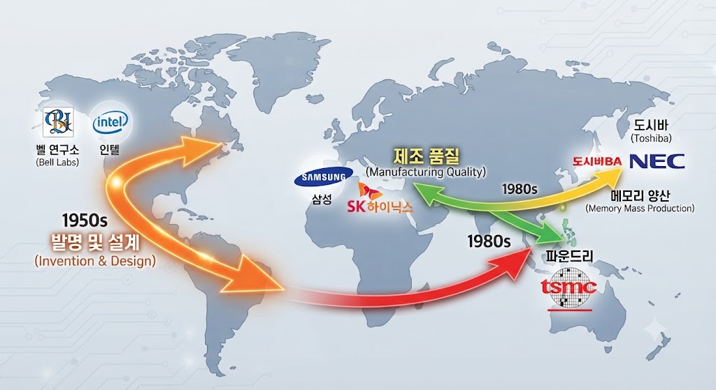 1950년대 미국(벨 연구소)에서 시작된 발명의 불꽃이 1980년대 일본(제조 품질)을 거쳐, 1990년대 이후 한국(메모리 대량 생산)과 대만(파운드리)으로 이동하는 역동적인 흐름을 시각화했습니다. 각 시대를 대표하는 기업 로고가 지도 위에 배치되어 패권의 변화를 한눈에 보여줍니다.