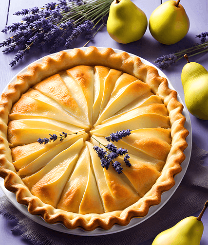 둥그런 사과파이가 접시에 있다. 주변엔 서양 배들과 보라색 꽃 한단이 있다.