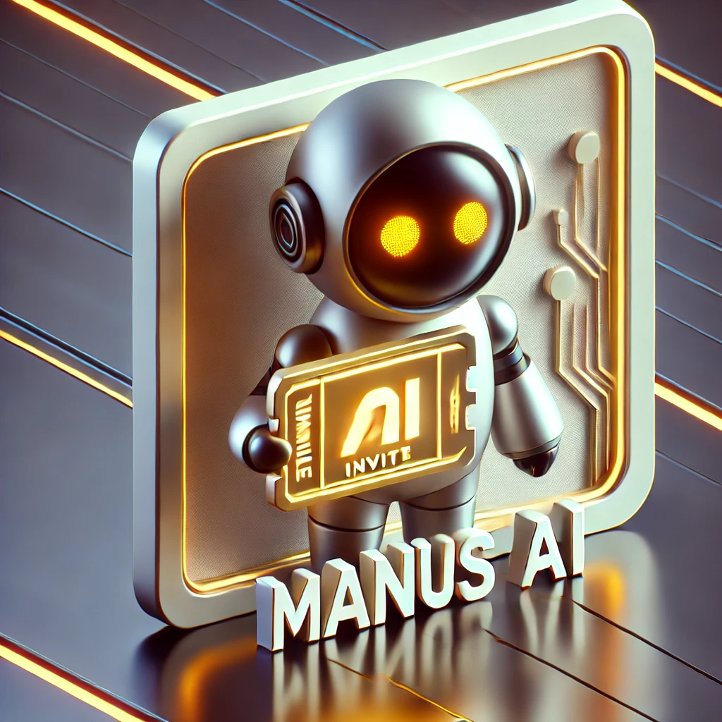 Manus AI 초대장 컨셉 이미지. 작은 미래형 로봇이 'INVITE'라고 적힌 황금 티켓을 들고 있는 모습. 테크 감성이 가미된 심플하고 세련된 디자인
