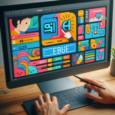 손으로 디자인을 하는 모습, 다양한 색상의 아이콘들이 화면에 배치됨