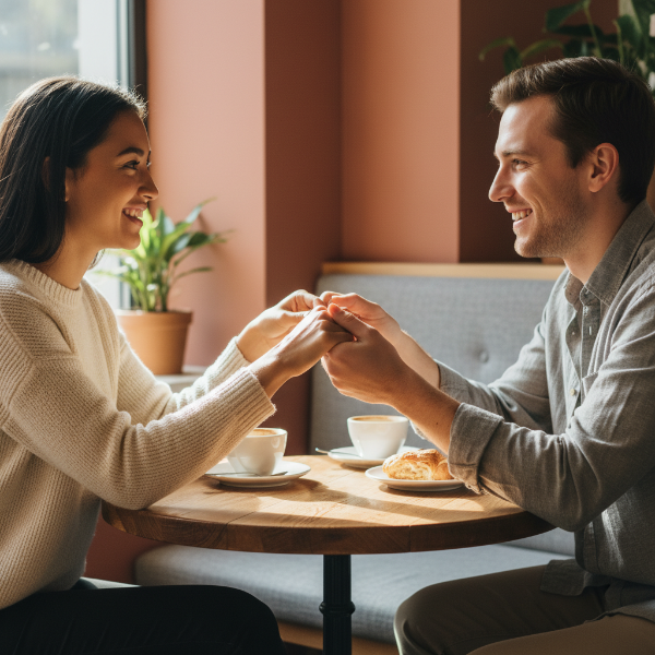 따뜻한 카페에서 서로 손을 잡고 깊이 있는 대화를 나누며 공감하는 연인의 모습.