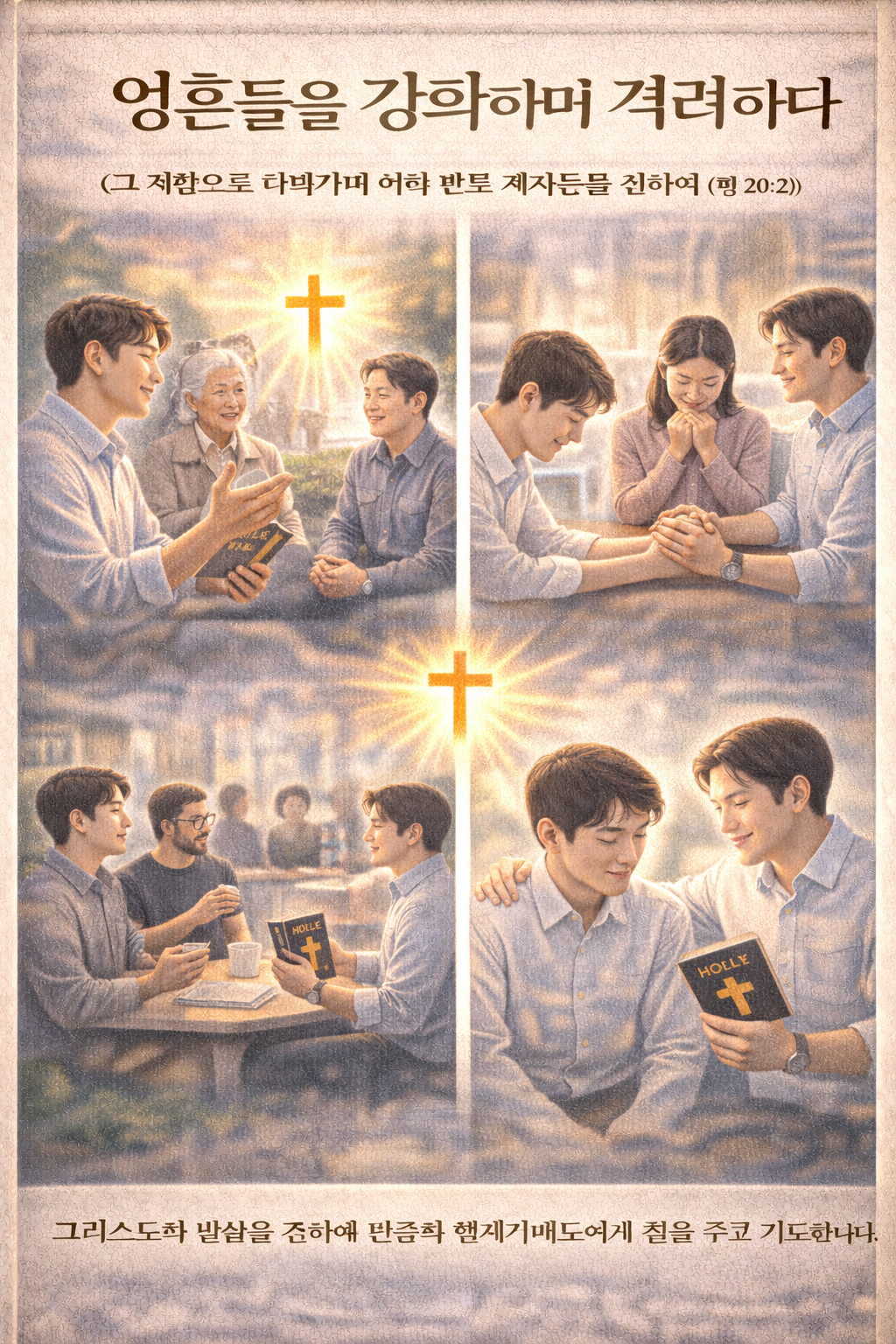 행20:2 말씀을 보며, 바울이 가는 곳마다 강화하며 힘썼던 것이 주님을 따르는 영혼들을 강화하고 격려했던 것을 생각하며, 오늘도 그리스도와 말씀을 전하고, 또 주님을 아는 영혼들의 신앙을 더욱 강화하는데 마음을 두고 기도하며 전하는 시도를 하는 모습입니다.