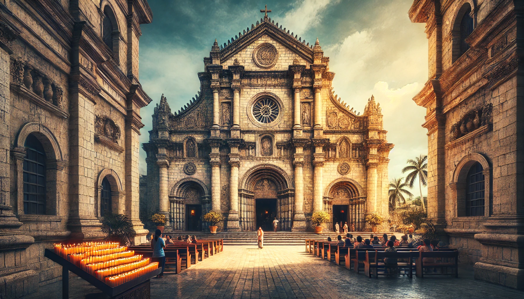 산토니뇨 성당의 웅장한 외관과 역사적인 분위기를 담은 사진, 신자들이 기도하는 모습