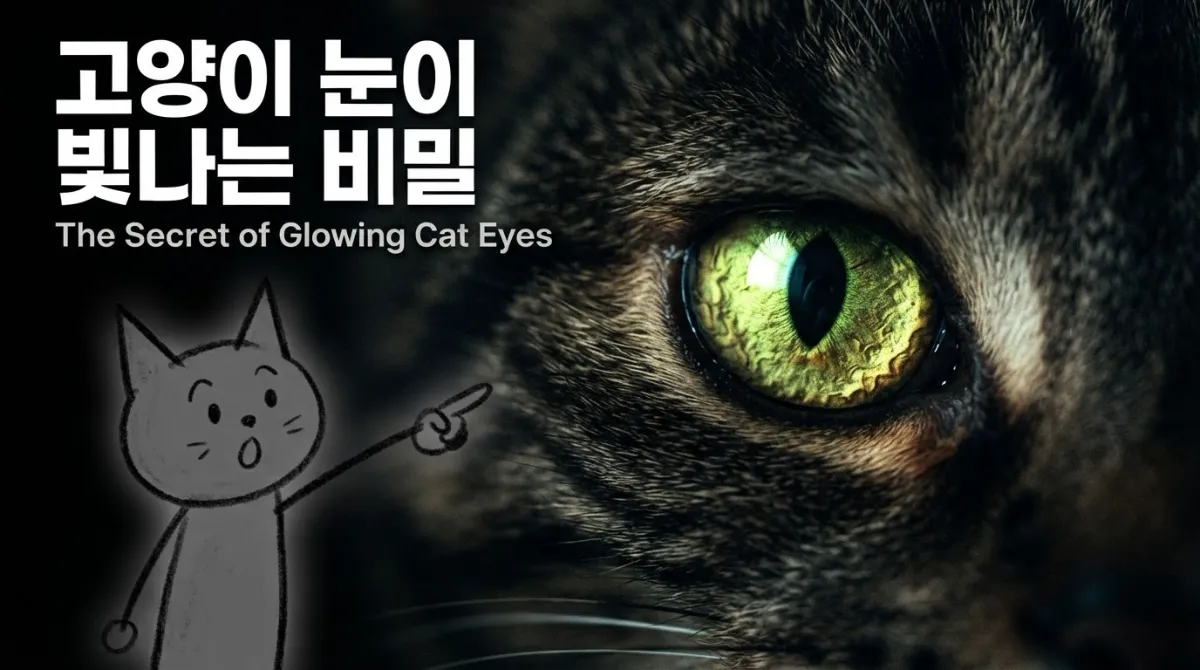 어두운 방에서 신비롭게 초록빛으로 빛나는 고양이 눈 클로즈업 위에 까만 카본 Stick Cat 캐릭터가 호기심 어린 표정으로 가리키고 있는 실사 결합 믹스드 일러스트