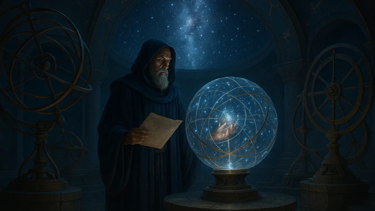 고대 천문대에서 별을 관측하는 방의의 모습을 형상화한 신비로운 이미지