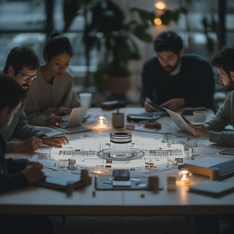 다양한 사람들이 아늑한 라운지에서 미국 월배당 ETF 전략을 열정적으로 논의한다. 따뜻한 조명을 받은 여유 있는 분위기다.