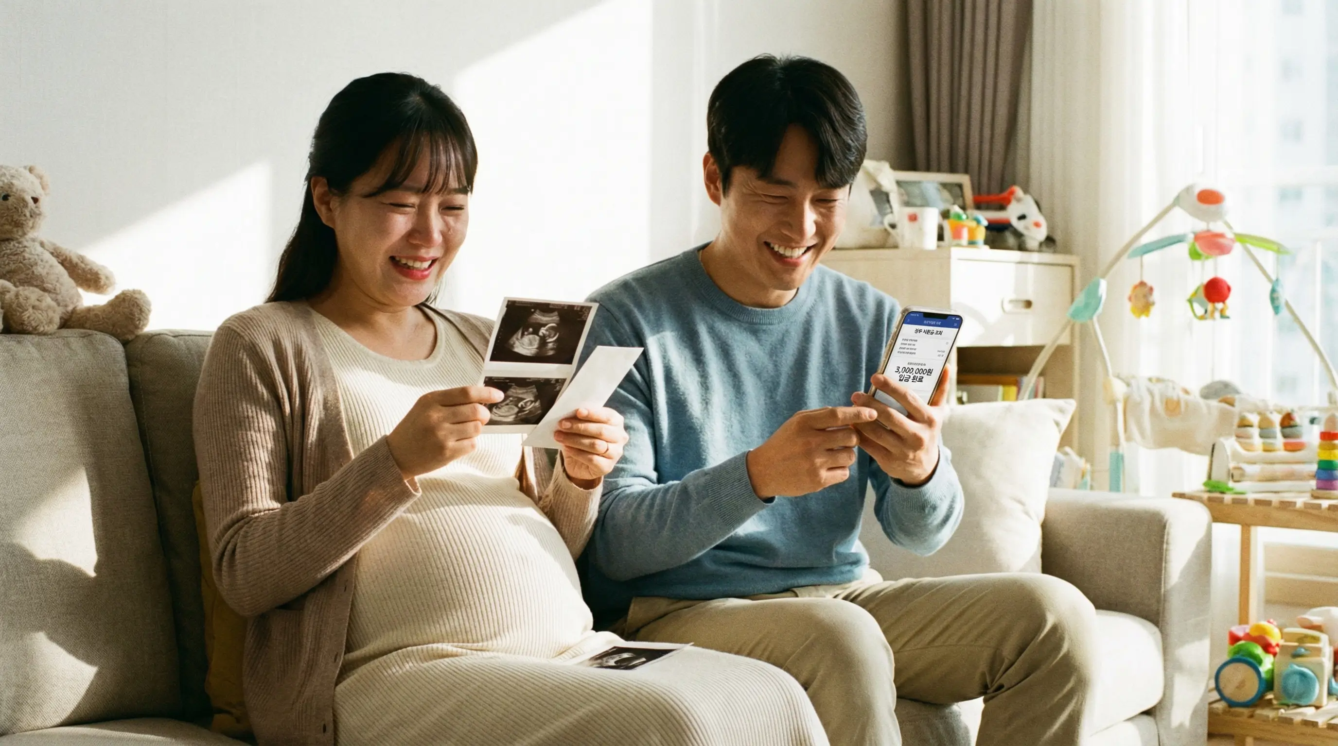 행복한 표정으로 초음파 사진을 보고 있는 임산부와 스마트폰으로 지원금을 조회하는 모습