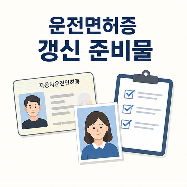 운전면허증과 증명사진 체크리스트를 이용해 운전면허증 갱신 준비물을 안내한 이미지