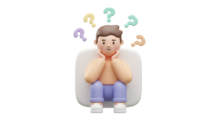 고민하는 청년의 모습을 표현한 3D 아이콘, 머리 위로 떠다니는 물음표들