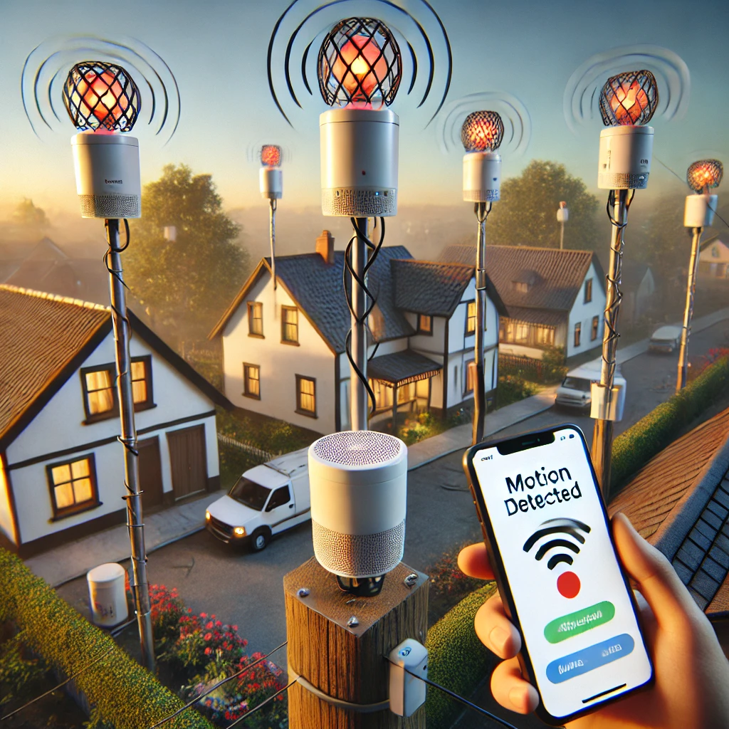 시골 마을에 설치된 LoRa 긴급 통신망 &ndash; 하나의 노드에서 움직임을 감지하자 다른 노드들이 LED나 부저로 반응하는 연동 경보 시스템