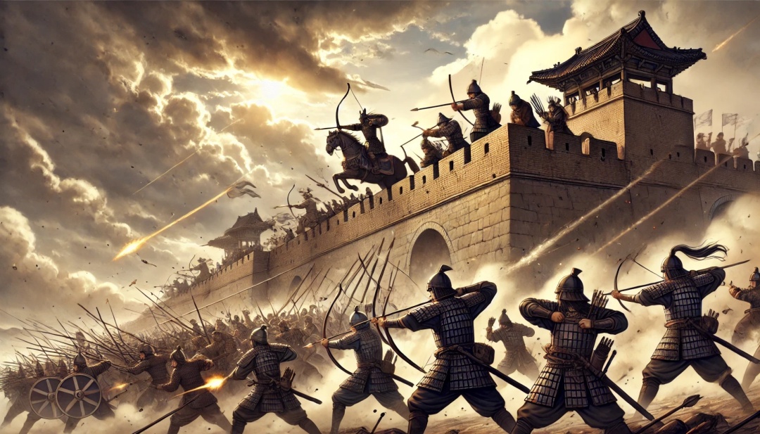 안시성 전투의 치열한 공방을 애니메이션 스타일로 사실감 있게 표현했습니다.