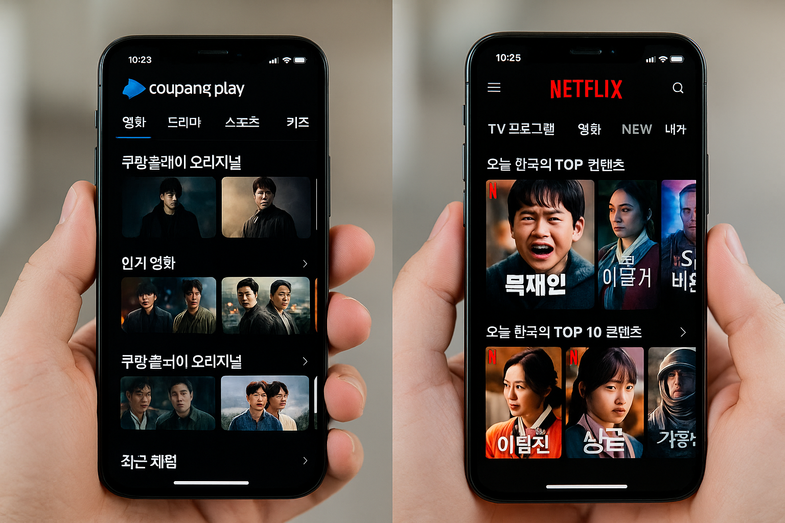 두 손이 각각 쿠팡플레이와 넷플릭스 앱을 실행한 스마트폰을 들고 있으며, 쿠팡플레이는 오리지널과 인기 한국 영화 콘텐츠, 넷플릭스는 한국 TOP10 콘텐츠를 보여주는 장면.