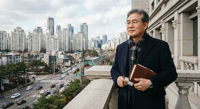 도시 전경을 바라보며 수첩을 든 중년 남성.