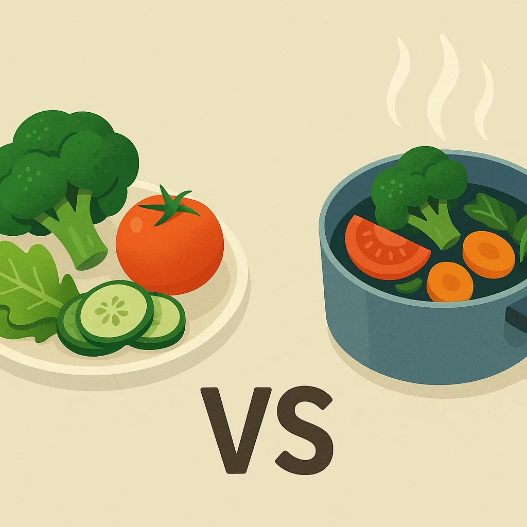 채소를-생으로-먹는-것과-익혀-먹는-것의-차이를-표현한-일러스트로,-왼쪽에는-생채소-접시가,-오른쪽에는-익힌-채소가-담긴-냄비가-그려져,-영양소-변화와-소화-차이를-상징함.