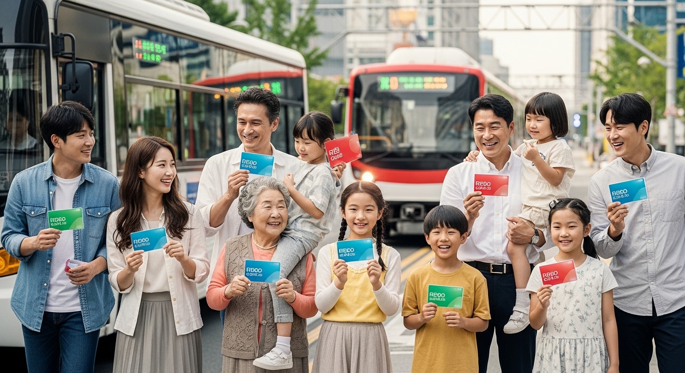 2026년 모두의 카드를 들고 웃으며 대중교통을 이용하는 다양한 연령대의 사람들