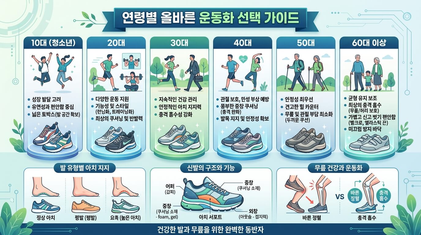 연령별 운동화 선택 방법과 발 건강 관리법을 설명하는 인포그래픽