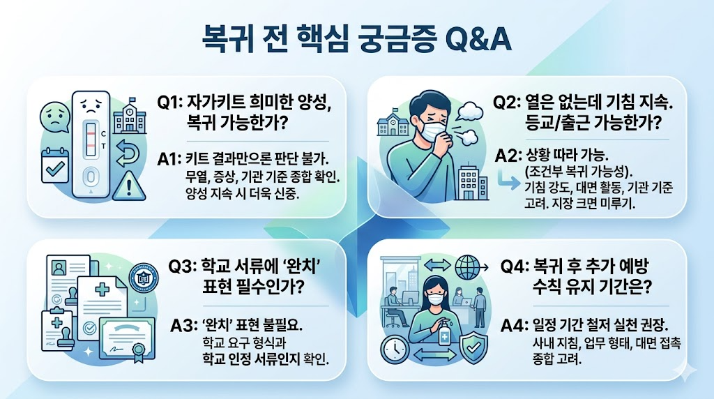 복귀 전 핵심 Q&amp;A 정리, 자가키트 양성 지속과 기침 증상 시 등교&middot;출근 가능 여부 안내