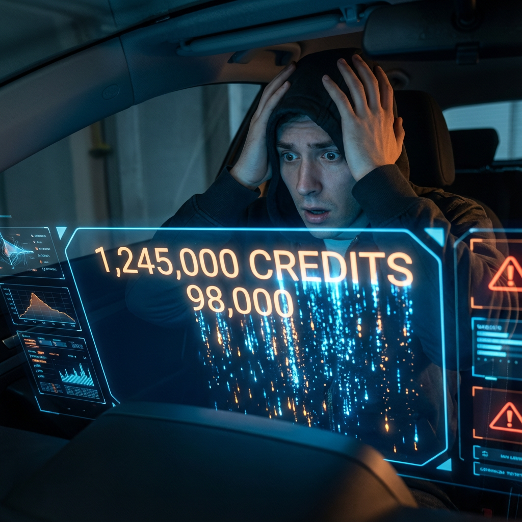 크레딧이 급격히 감소해 놀라는 사람의 미래형 대시보드 화면
