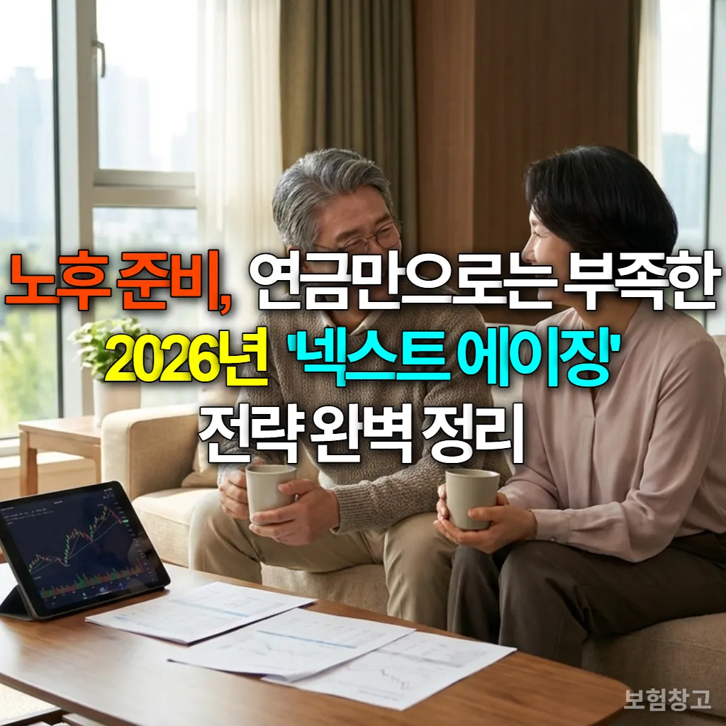 거실 소파에 앉아 노후 재정 서류를 보며 이야기 나누는 중년 부부