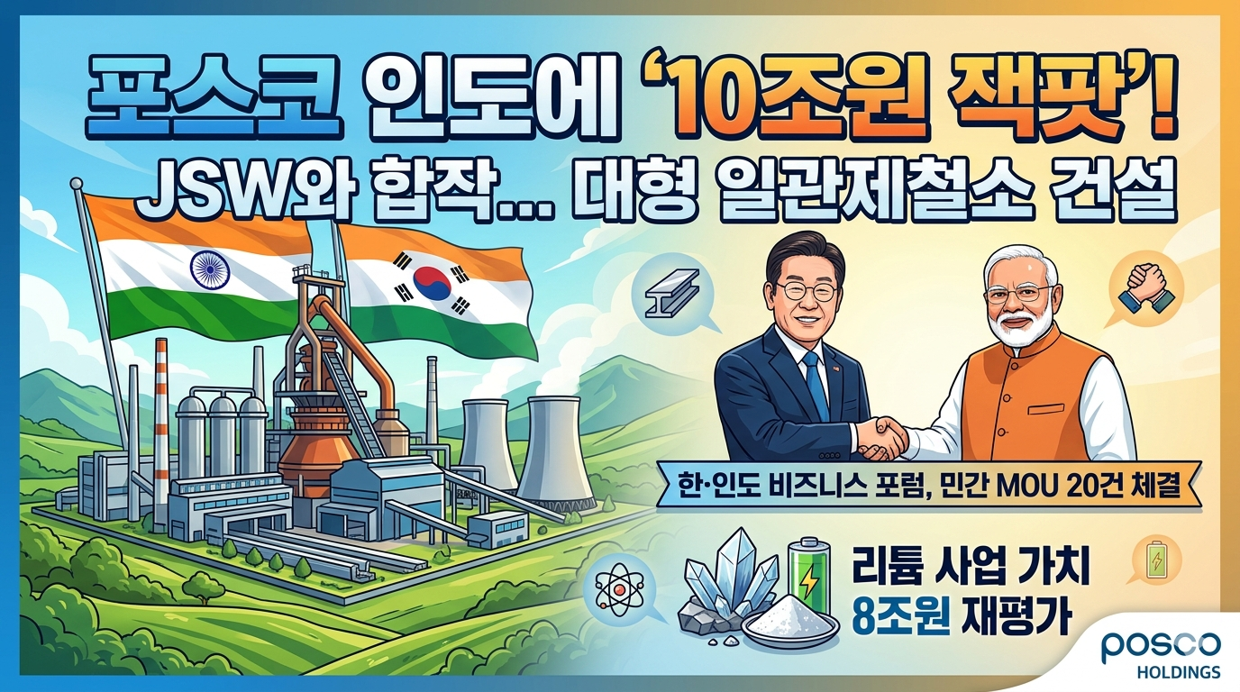 인도 오디샤주에 포스코와 JSW가 합작하여 건설하는 대형 일관제철소 조감도와 포스코홀딩스 로고가 새겨진 블로그 썸네일. 상단에는 '포스코 인도 10조원 잭팟! JSW와 합작 대형 제철소 건설'이라는 한글 텍스트가 명확하게 기재되어 있으며, 중앙에는 이재명 대통령과 나렌드라 모디 총리가 악수하는 일러스트와 함께 '한&middot;인도 비즈니스 포럼 민간 MOU 20건 체결' 배너가 삽입되어 있다. 하단에는 리튬 결정 아이콘과 함께 '리튬 사업 가치 8조원 재평가' 텍스트가 보인다.