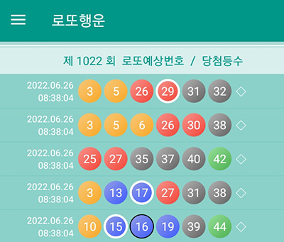 1022회 로또 예상 번호 리스트