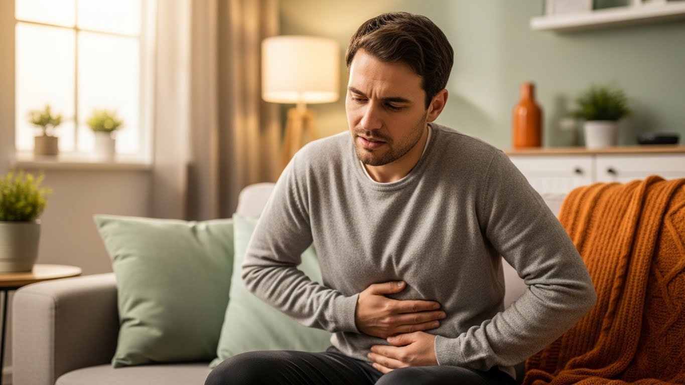집에서 윗배를 움켜쥐고 있는 사람의 모습. 위암 초기 증상인 소화불량이나 복부 불편감을 은은하게 표현하여, 일상 속 작은 신호에 주의를 기울여야 함을 시사합니다.