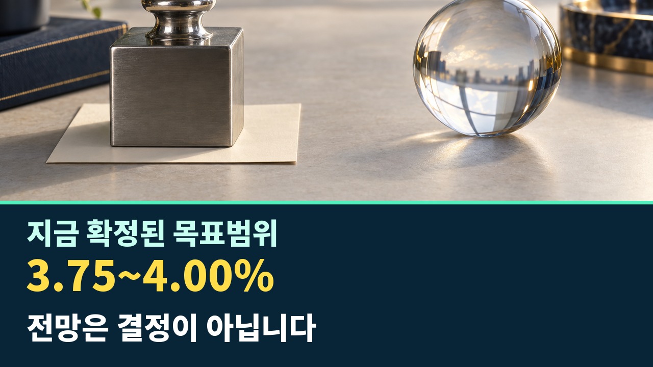 현재 결정된 미국 금리 목표범위 3.75에서 4.00퍼센트와 확정되지 않은 전망의 구분