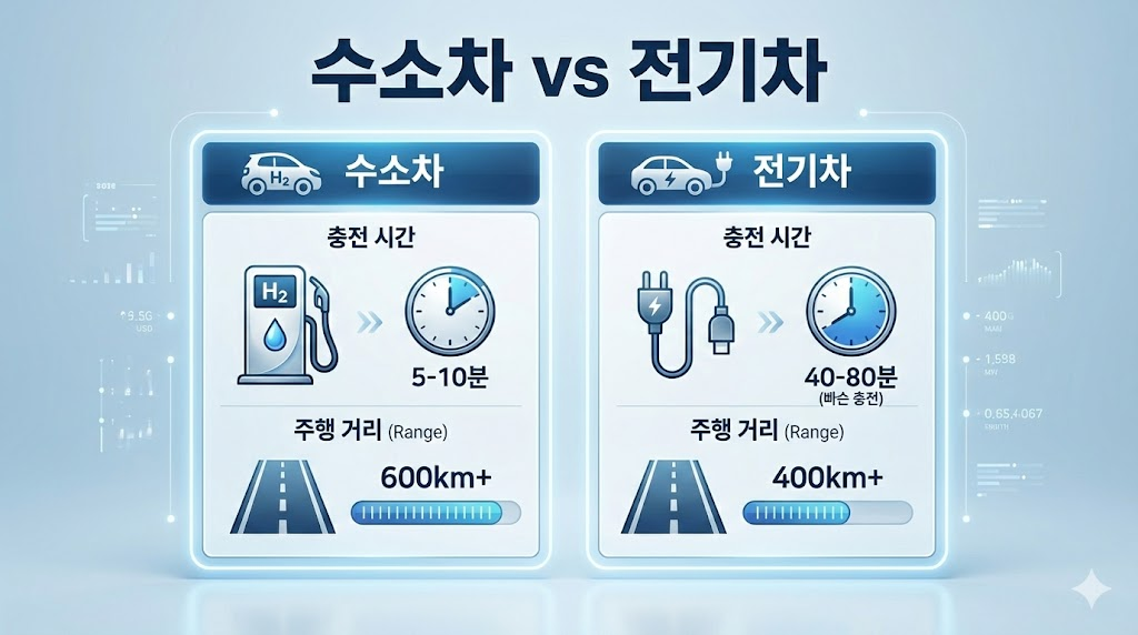 수소차와 전기차의 효율성 및 충전 성능 비교표