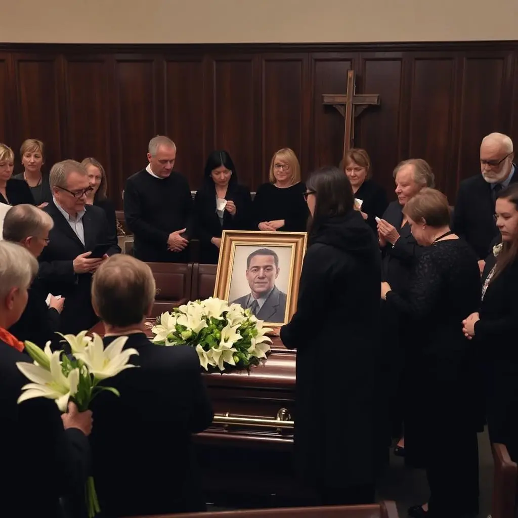 Mourners grieving during a funeral ceremony in a chapel, with people dressed in black and showing emotional expressions.