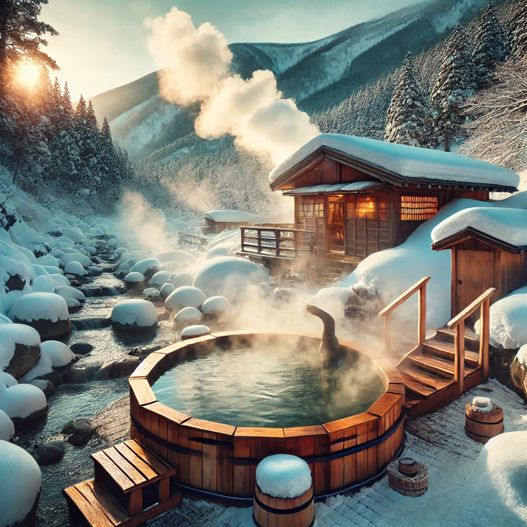 겨울 눈속 온천탕 이미지