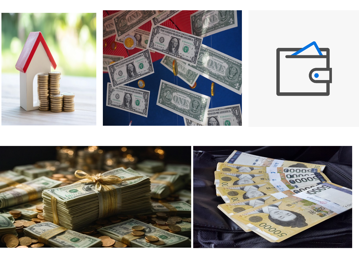 돈과 관련된 사진 5장 집 모형에 동전이 쌓여져 있는 사진,우산 안에서 돈이 쏟아지는 모습,월넛 지갑 이미지, 돈 뭉치가 황금색 띠로 묽여져 있는 사진,한국돈 5만원권 사진