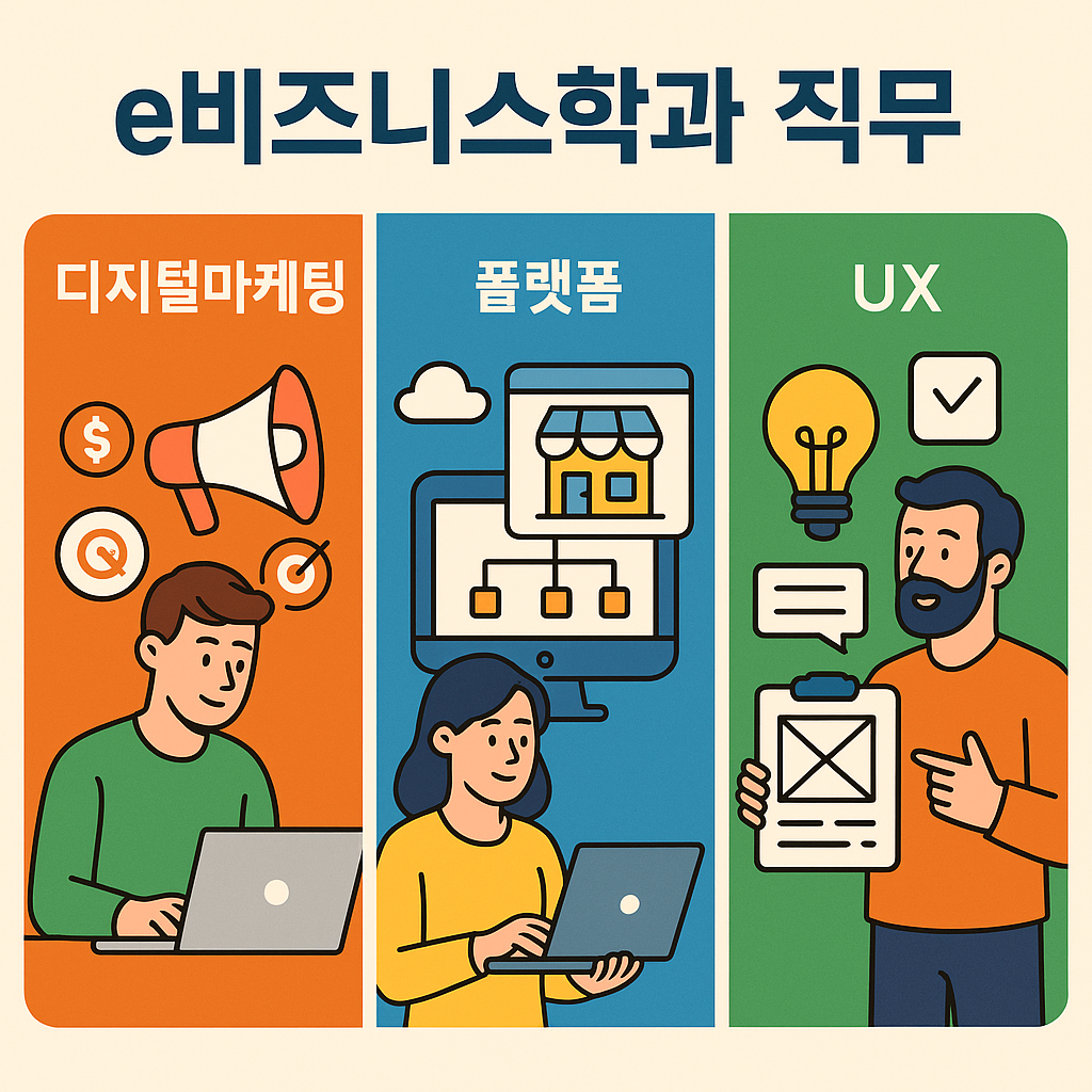 디지털마케팅, 플랫폼, UX 디자인 분야를 각기 다른 색과 아이콘으로 설명한 정보 이미지
