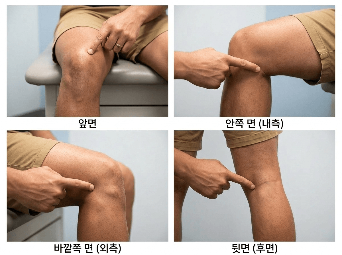 무릎 앞쪽&middot;안쪽&middot;바깥쪽&middot;뒤쪽 4구역 표시 사진