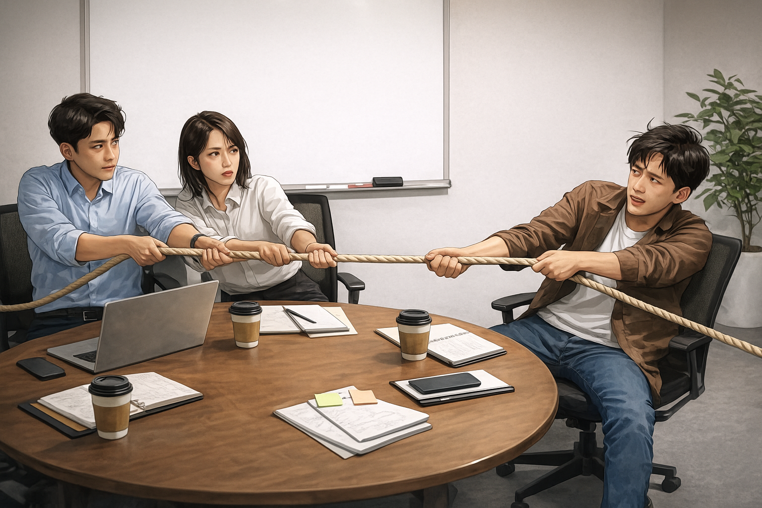 조직 내 내부 갈등을 표현한 줄다리기 이미지