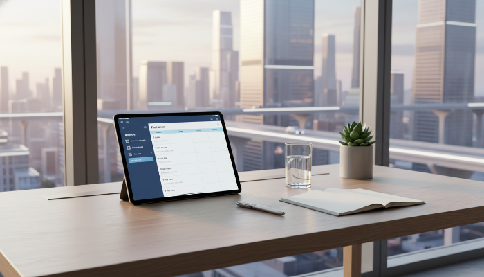 2026년 새해 목표 달성을 위한 디지털 플래너와 아늑한 작업 공간의 모습