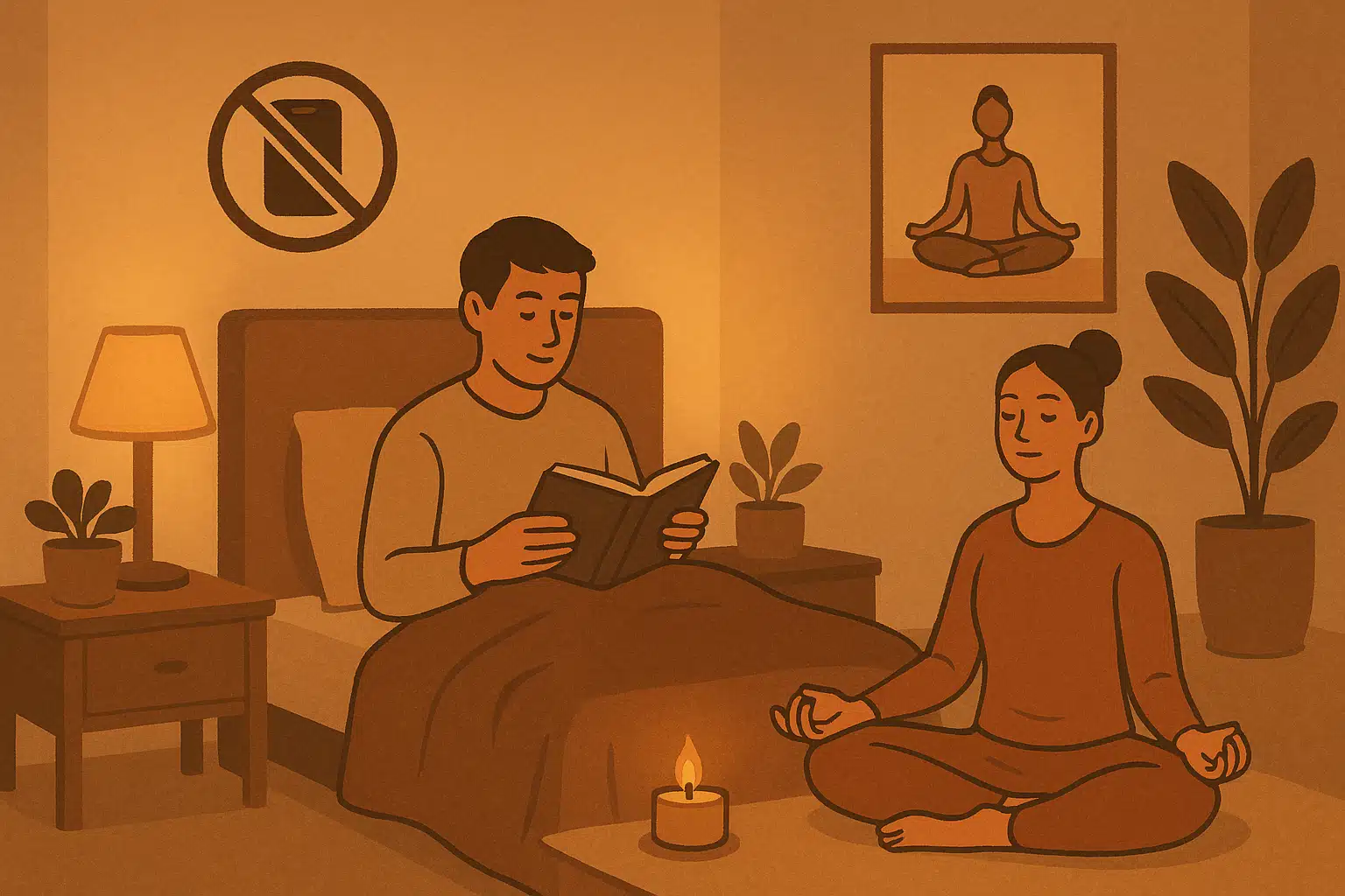 저녁 시간, 간접조명이 켜진 따뜻한 침실, 책을 읽는 사람, 스마트폰 금지 아이콘, 명상하는 사람, 아로마 초