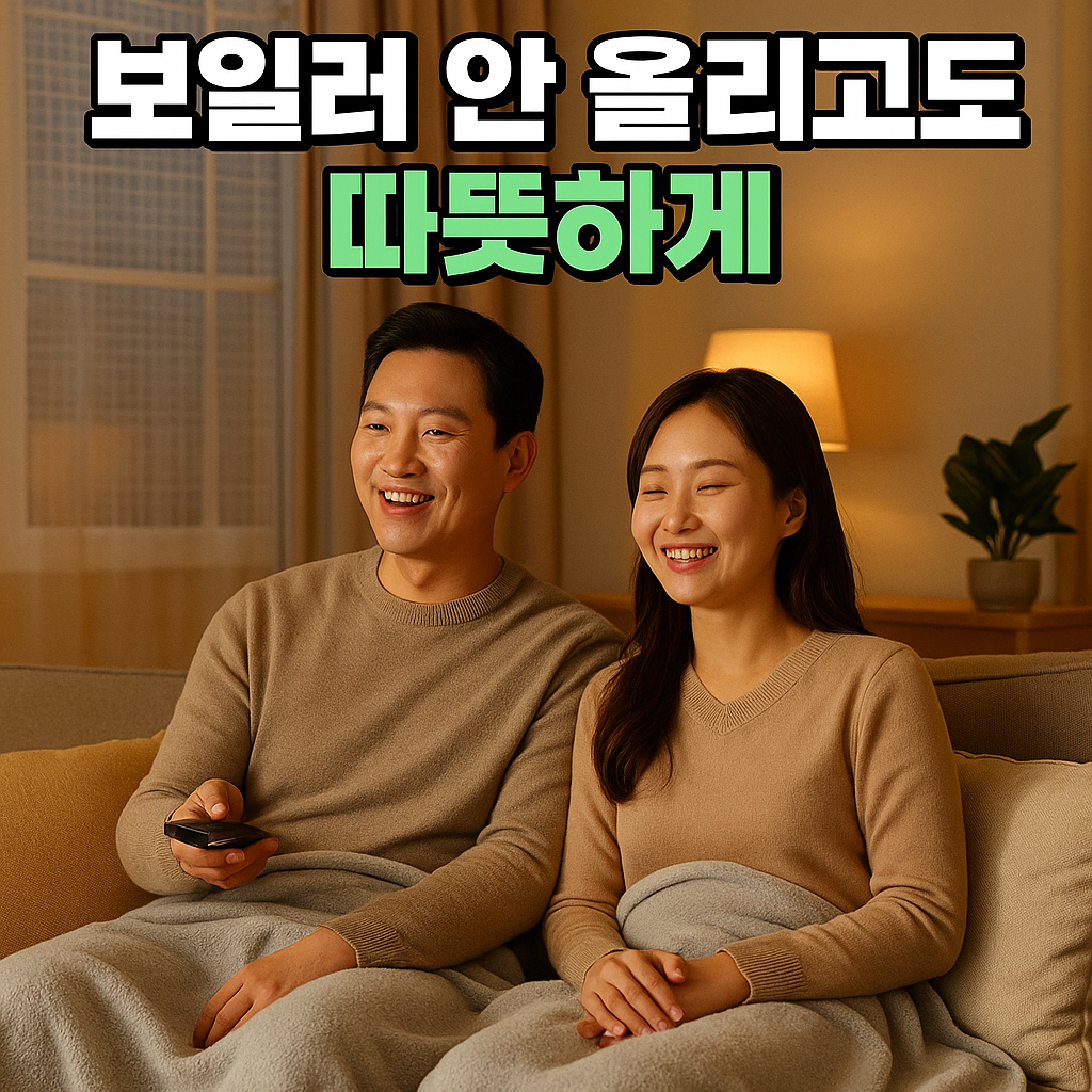 무릎담요를 덮고 TV를 시청하며 미소 짓는 부부