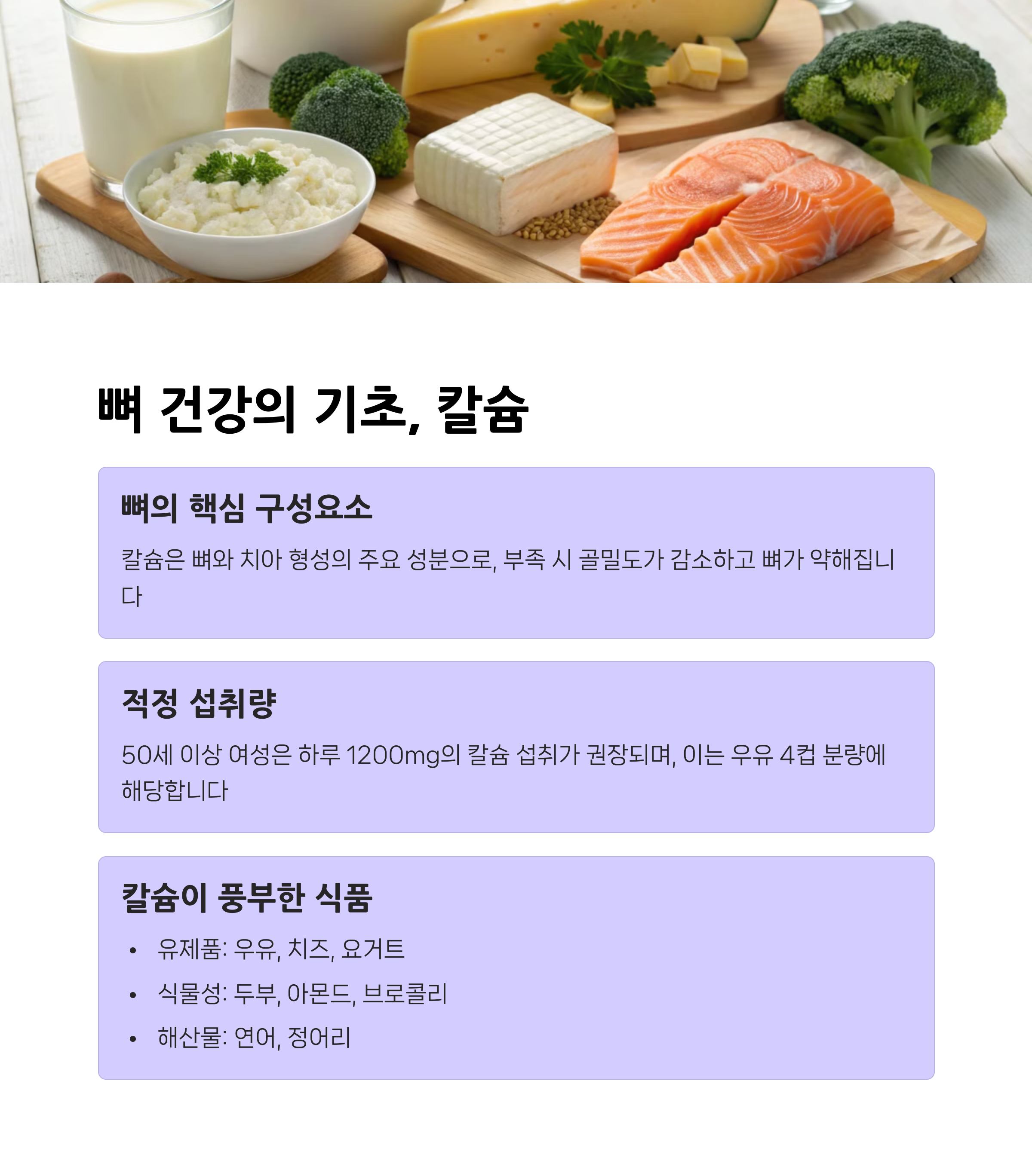 &quot;뼈 건강의 핵심 영양소 칼슘에 대한 정보, 권장 섭취량 및 칼슘이 풍부한 식품 목록 안내