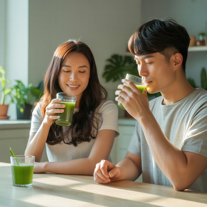 디톡스 주스 마시는 가족 이미지